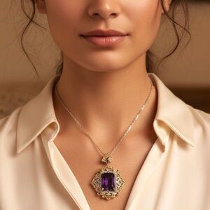 Antique Amethyst Pendant Necklace, Two Tone, Gold, Silver, Women’s, Gemstone,